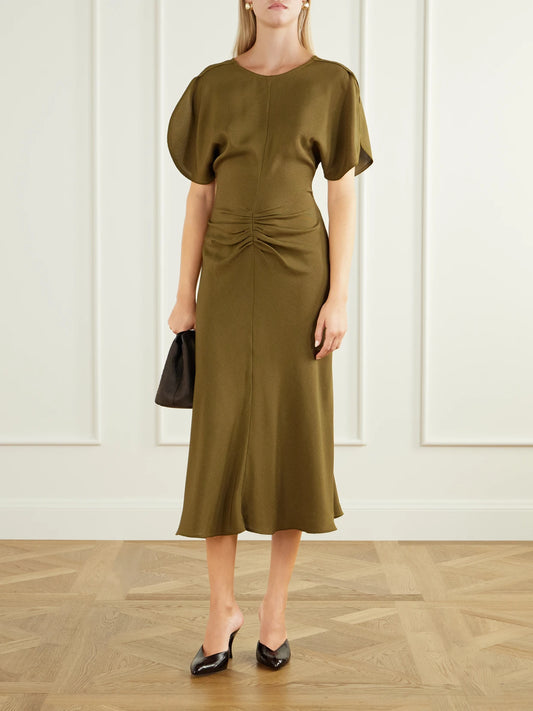 Image of Dresses. Product name - Bela Gathered Midi Dress in Army green colour by brand - Victoria Beckham