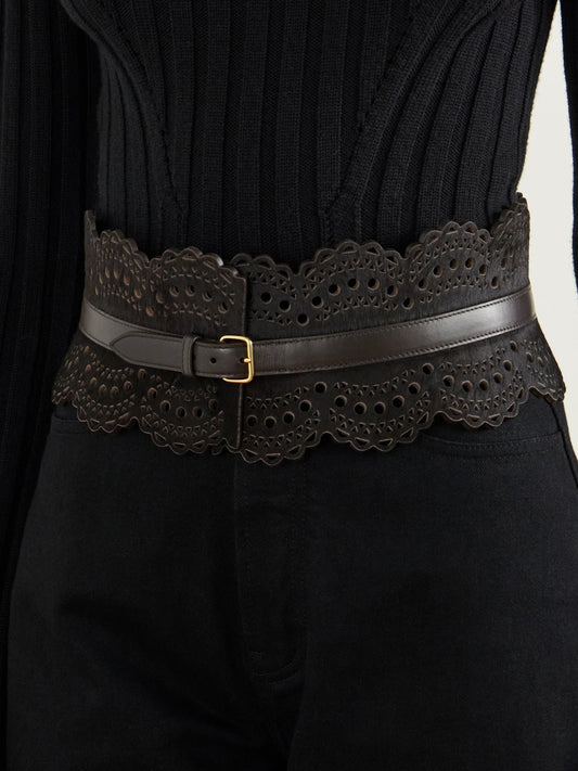 Image of Belts. Product name - Vienne Laser-cut Leather-trimmed Calf Hair Belt in Brown colour by brand - Alaïa