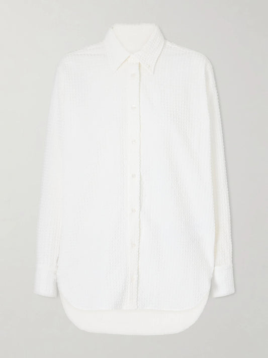 Image of a model wearing Tops. Product name - Seersucker Shirt in White colour by brand - Hunza G