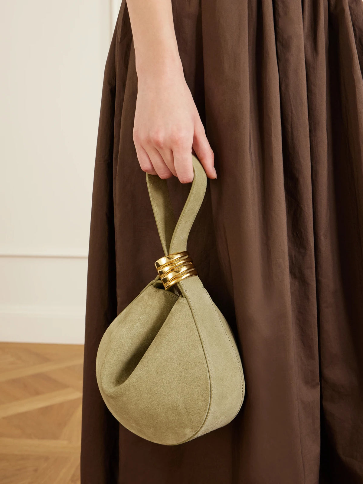 Image of Bags. Product name - Zambia Stacked Ring Suede Mini Bag in Green colour by brand - AMANU