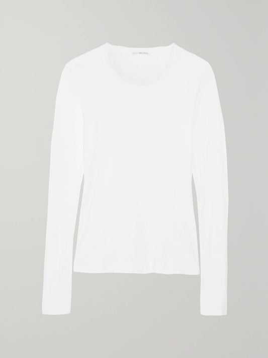 Image of a model wearing Tops. Product name - Slub Cotton Top in White colour by brand - James Perse