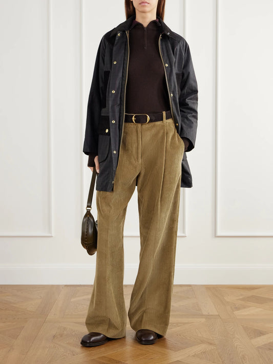 Image of Coats & Jackets. Product name - Checked Corduroy-trimmed Waxed Cotton-canvas Coat in Army green colour by brand - Barbour