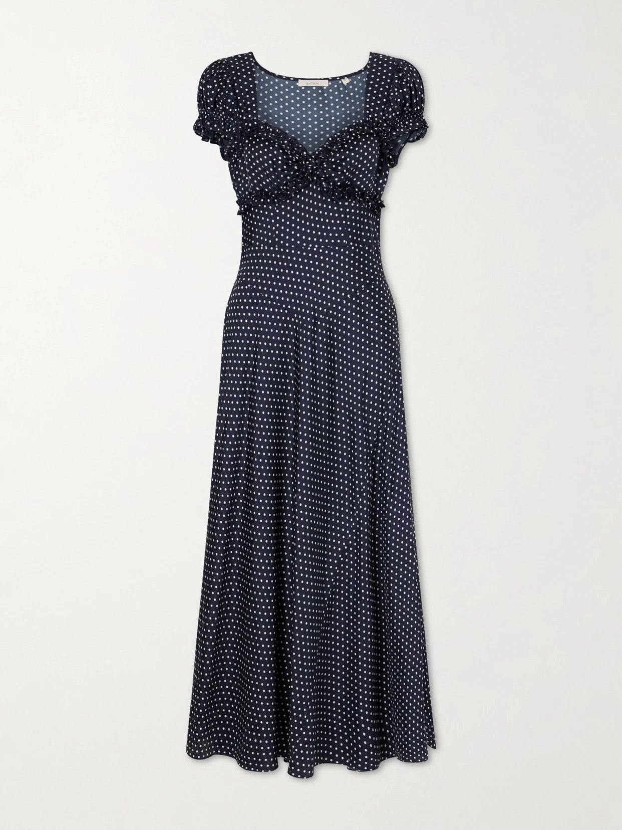 Image of Dresses. Product name - Valerine Gathered Polk-dot Silk-blend Twill Maxi Dress in Navy colour by brand - DÔEN