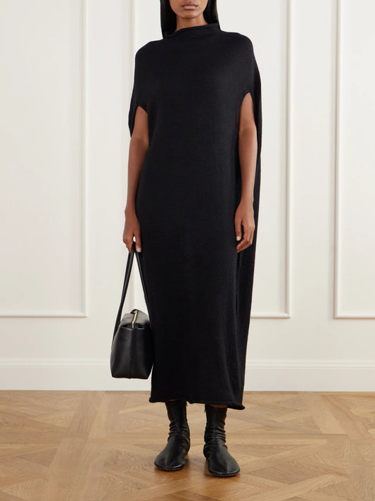 Image of Dresses. Product name - Bottle Cape-effect Wool-blend Maxi Dress in Black colour by brand - Lauren Manoogian