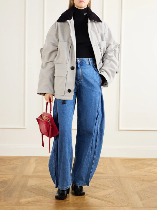 Image of Coats & Jackets. Product name - Leather-trimmed Cotton Jacket in Light gray colour by brand - LOEWE