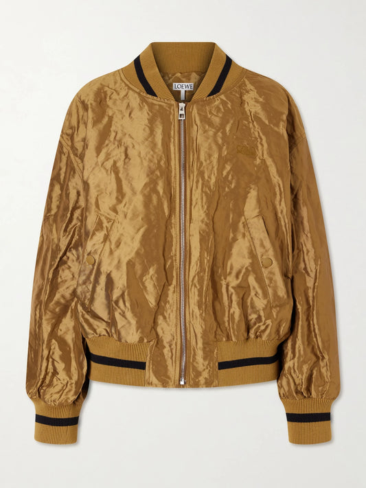 Image of Coats & Jackets. Product name - Anagram Crinkled Satin-twill Bomber Jacket in Gold colour by brand - LOEWE