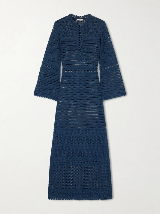 Image of Dresses. Product name - Madone Open-knit Cotton-blend Maxi Dress in Petrol colour by brand - Eres