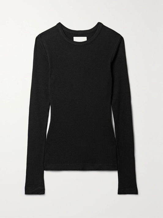 Image of a model wearing Tops. Product name - + Net Sustain Bina Ribbed Lyocell-blend Top in Black colour by brand - Citizens of Humanity