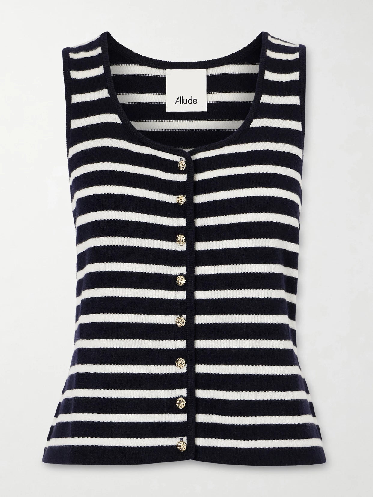Image of a model wearing Outerwear. Product name - Striped Cashmere Vest in Black colour by brand - Allude