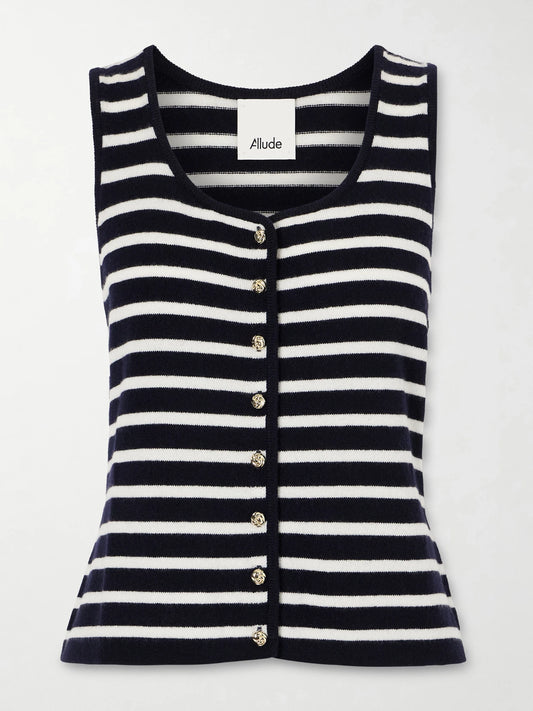 Image of a model wearing Outerwear. Product name - Striped Cashmere Vest in Black colour by brand - Allude