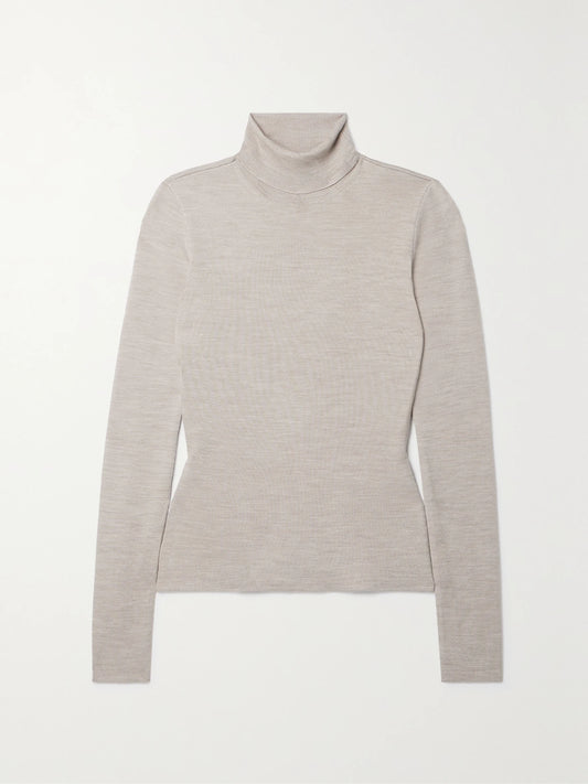 Image of a model wearing Outerwear. Product name - May Wool, Cashmere And Silk-blend Turtleneck Sweater in Beige colour by brand - Gabriela Hearst