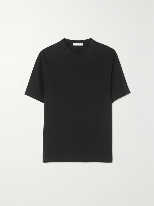 Image of a model wearing Tops. Product name - Essentials Chiara Cotton-jersey T-shirt in Black colour by brand - The Row