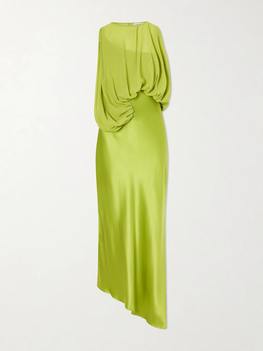 Image of Dresses. Product name - Culumus Asymmetric Draped Silk-chiffon And Satin Maxi Dress in Green colour by brand - Christopher Esber