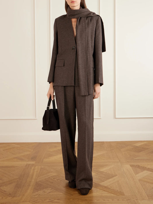 Image of Coats & Jackets. Product name - Scarf-detailed Flannel Blazer in Taupe colour by brand - TOTEME