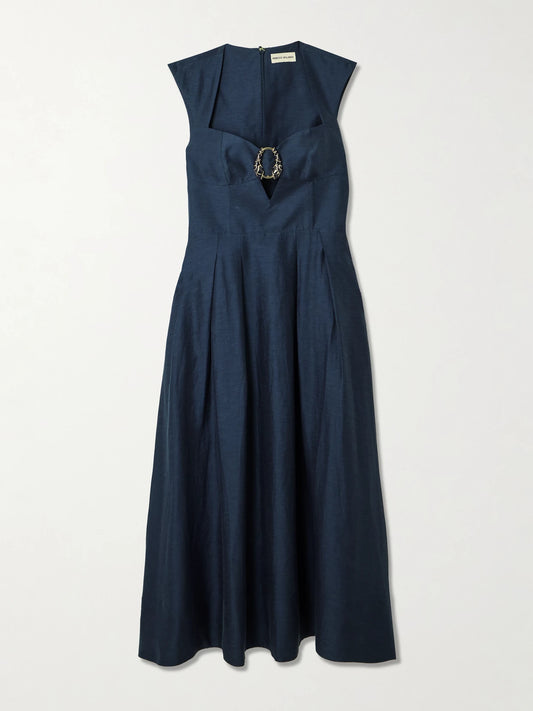 Image of Dresses. Product name - Serenity Embellished Pleated Lyocell-blend Midi Dress in Navy colour by brand - Rebecca Vallance