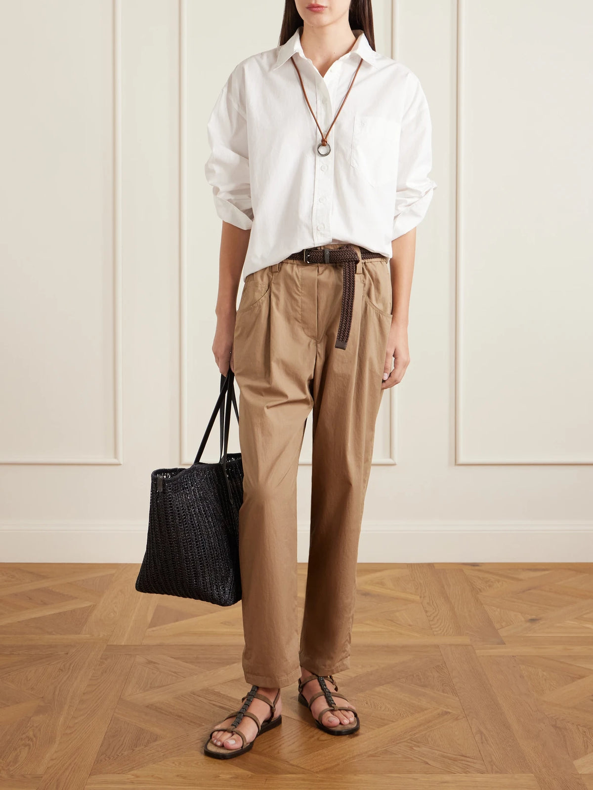 Image of Sandals. Product name - Bead-embellished Suede Slingback Sandals in Brown colour by brand - Brunello Cucinelli