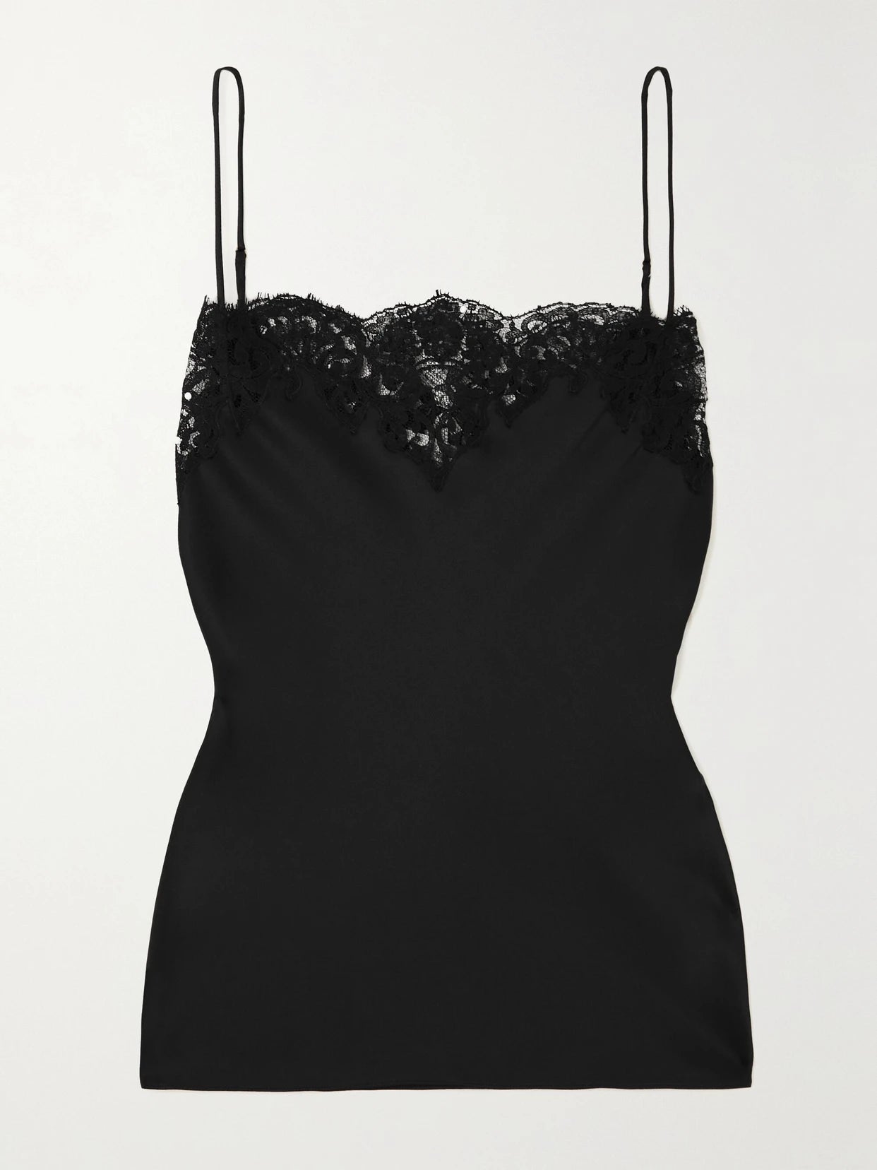 Image of a model wearing Tops. Product name - Lace-trimmed Satin Camisole in Black colour by brand - Stella McCartney