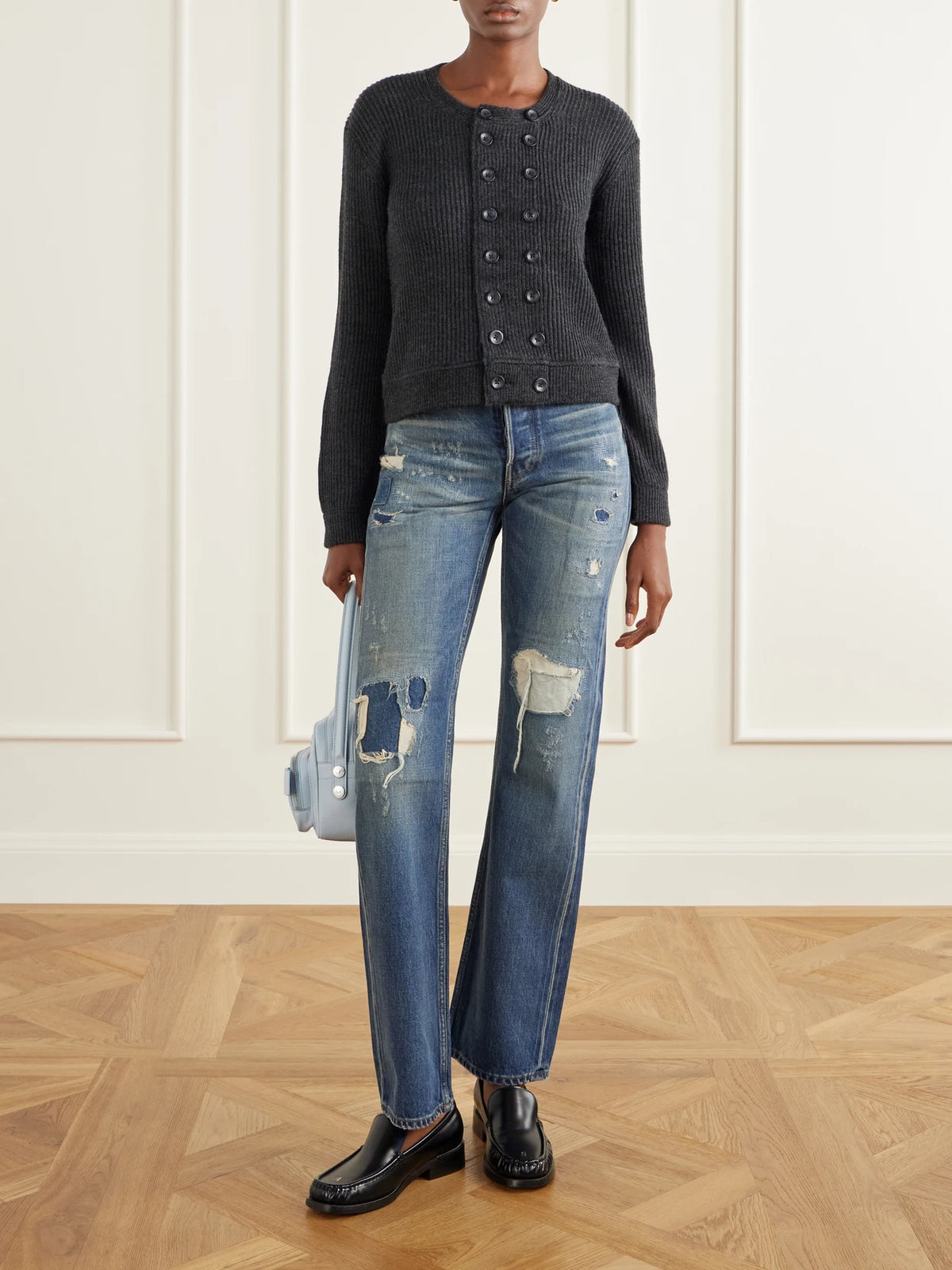 Image of a model wearing Outerwear. Product name - Double-breasted Ribbed-knit Merino Wool Cardigan in Gray colour by brand - R13