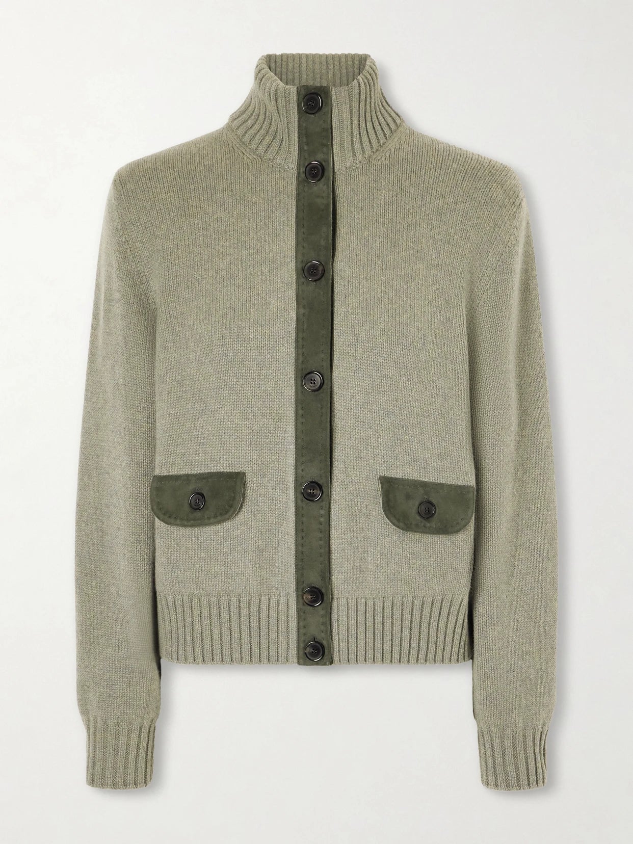 Image of a model wearing Outerwear. Product name - Parksville Suede-trimmed Cashmere Cardigan in Sage green colour by brand - Loro Piana
