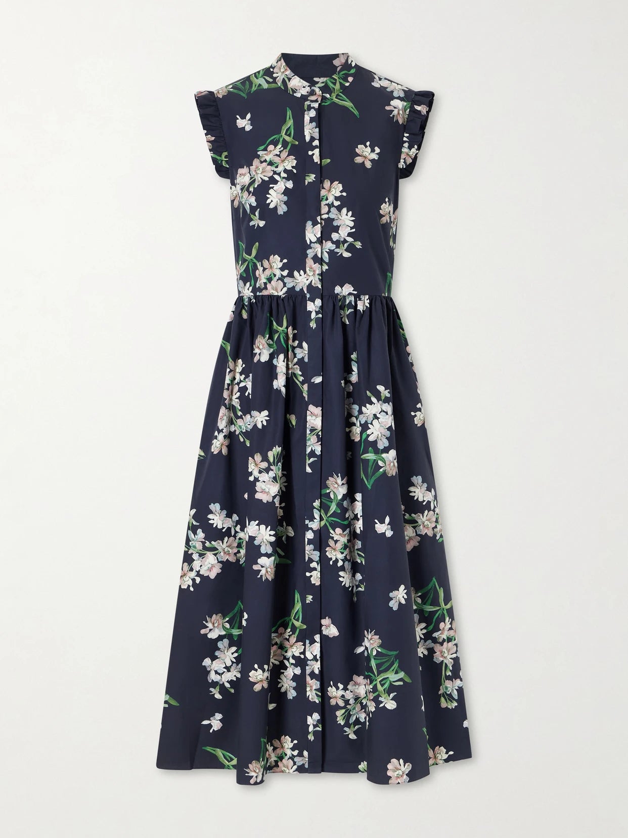 Pleated Ruffled Floral-print Cotton-poplin Midi Dress