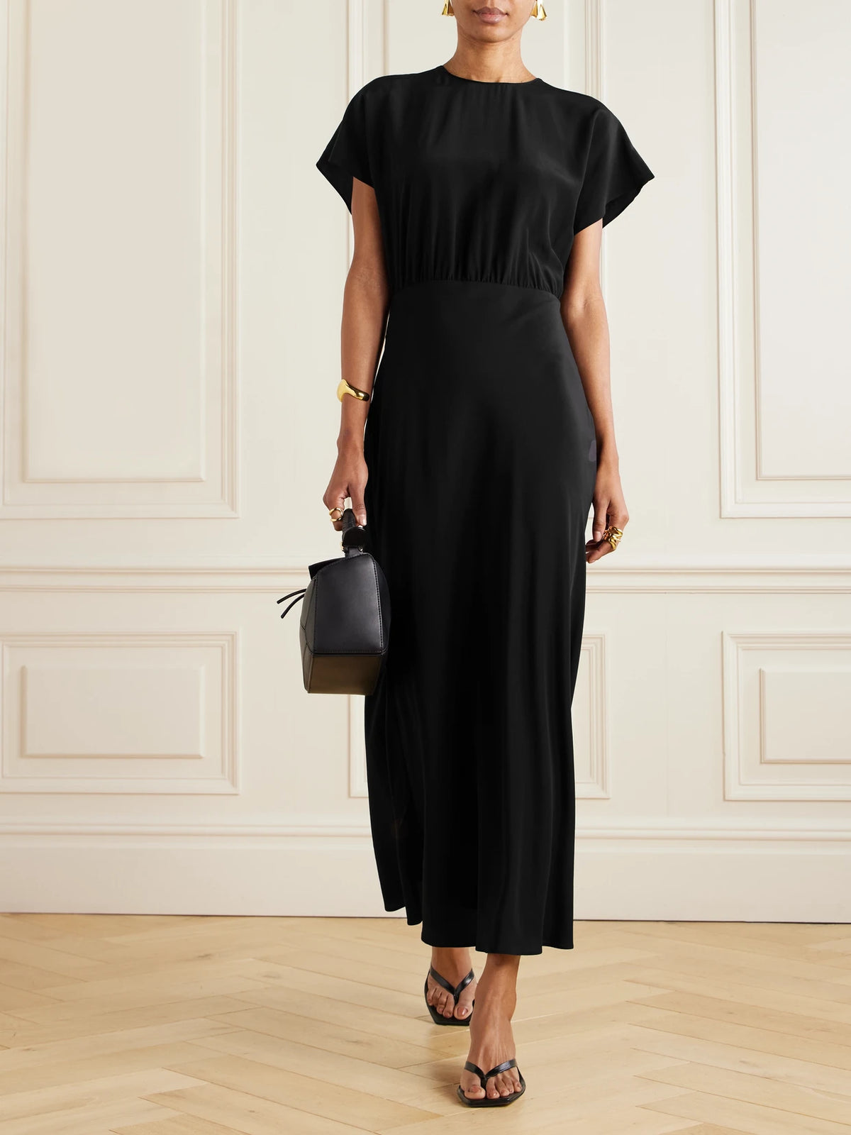 Image of Dresses. Product name - Gathered Silk Crepe De Chine Maxi Dress in Black colour by brand - Matteau