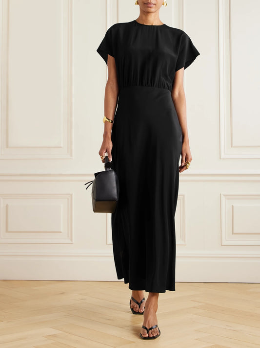 Image of Dresses. Product name - Gathered Silk Crepe De Chine Maxi Dress in Black colour by brand - Matteau