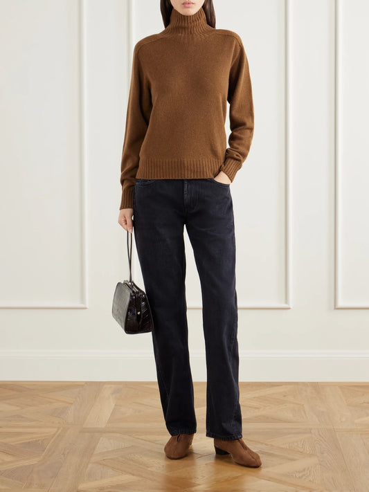Image of a model wearing Outerwear. Product name - Domi Merino Wool And Cashmere-blend Turtleneck Sweater in Brown colour by brand - KALLMEYER