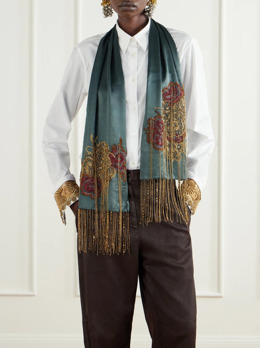 Image of Scarves & Shawls. Product name - Fringed Bead-embellished Silk Scarf in Army green colour by brand - Dries Van Noten