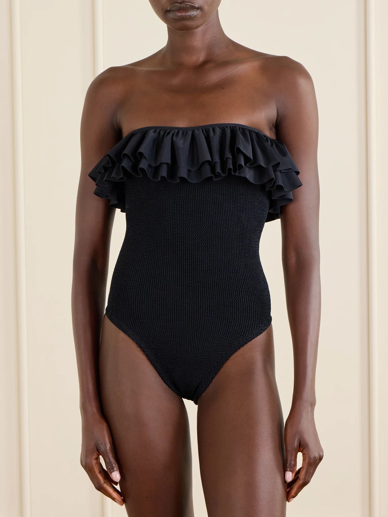 Image of Swimwear. Product name - Eloise Strapless Ruffled Original Crinkle Swimsuit in Black colour by brand - Hunza G