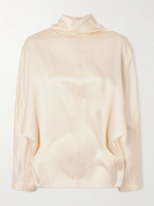 Image of a model wearing Tops. Product name - Silk-satin Turtleneck Blouse in Ivory colour by brand - Brunello Cucinelli