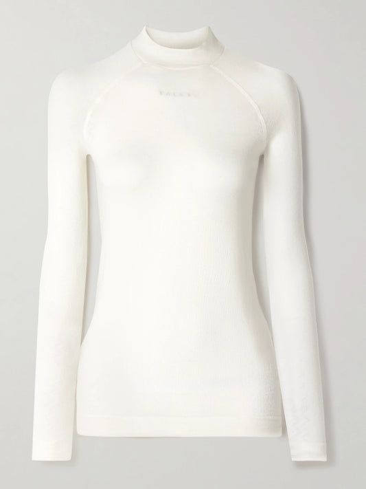 Image of a model wearing Tops. Product name - Nordic Wool-blend Top in White colour by brand - FALKE Ergonomic Sport System