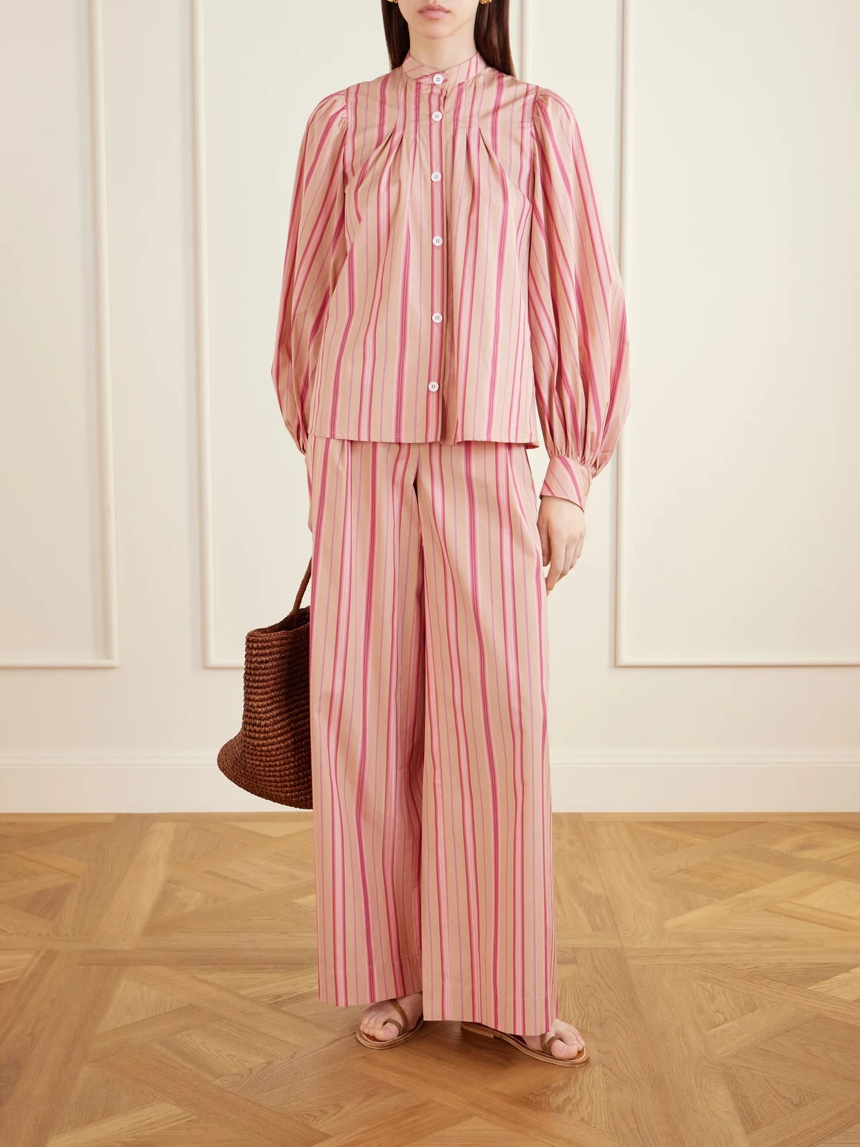 Image of Blouses. Product name - Yana Striped Cotton-poplin Blouse in Pink colour by brand - Thierry Colson