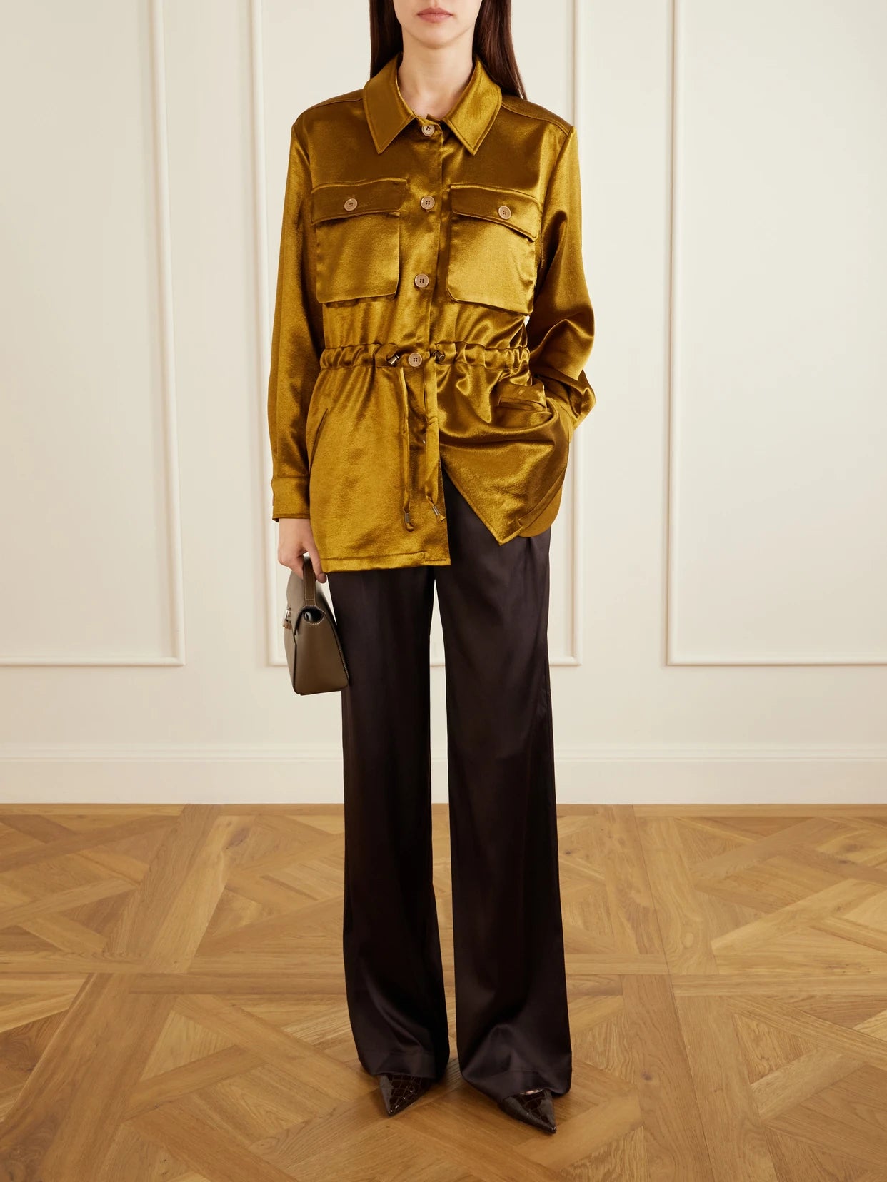 Image of Coats & Jackets. Product name - Tessa Drawstring Satin Jacket in Gold colour by brand - Giuliva Heritage