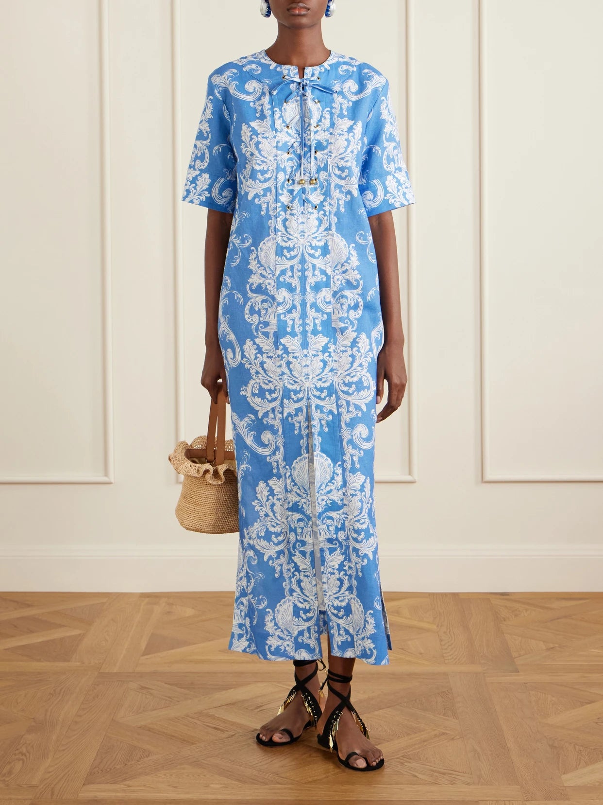 Image of Dresses. Product name - Calista Linen Printed Maxi Dress in Blue colour by brand - Borgo de Nor
