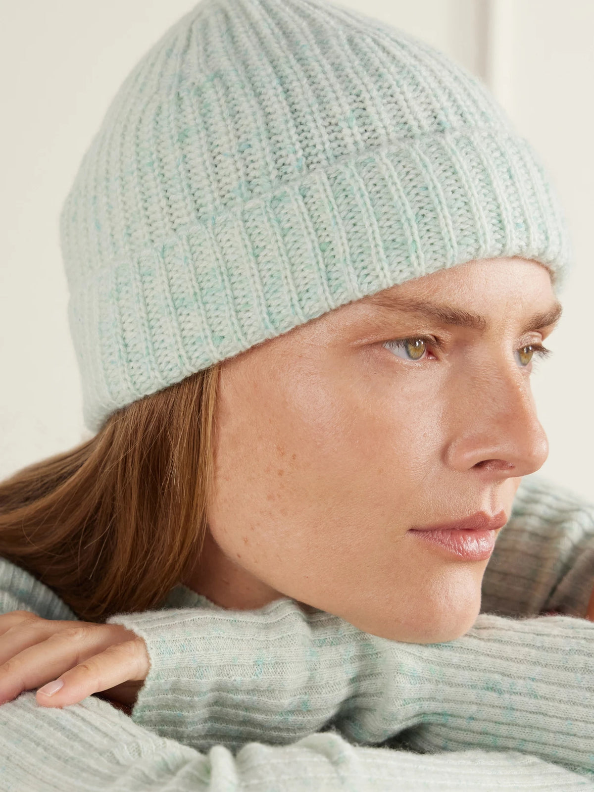 Image of Hats. Product name - Ribbed Cashmere Beanie in Mint, Gray colour by brand - Auralee