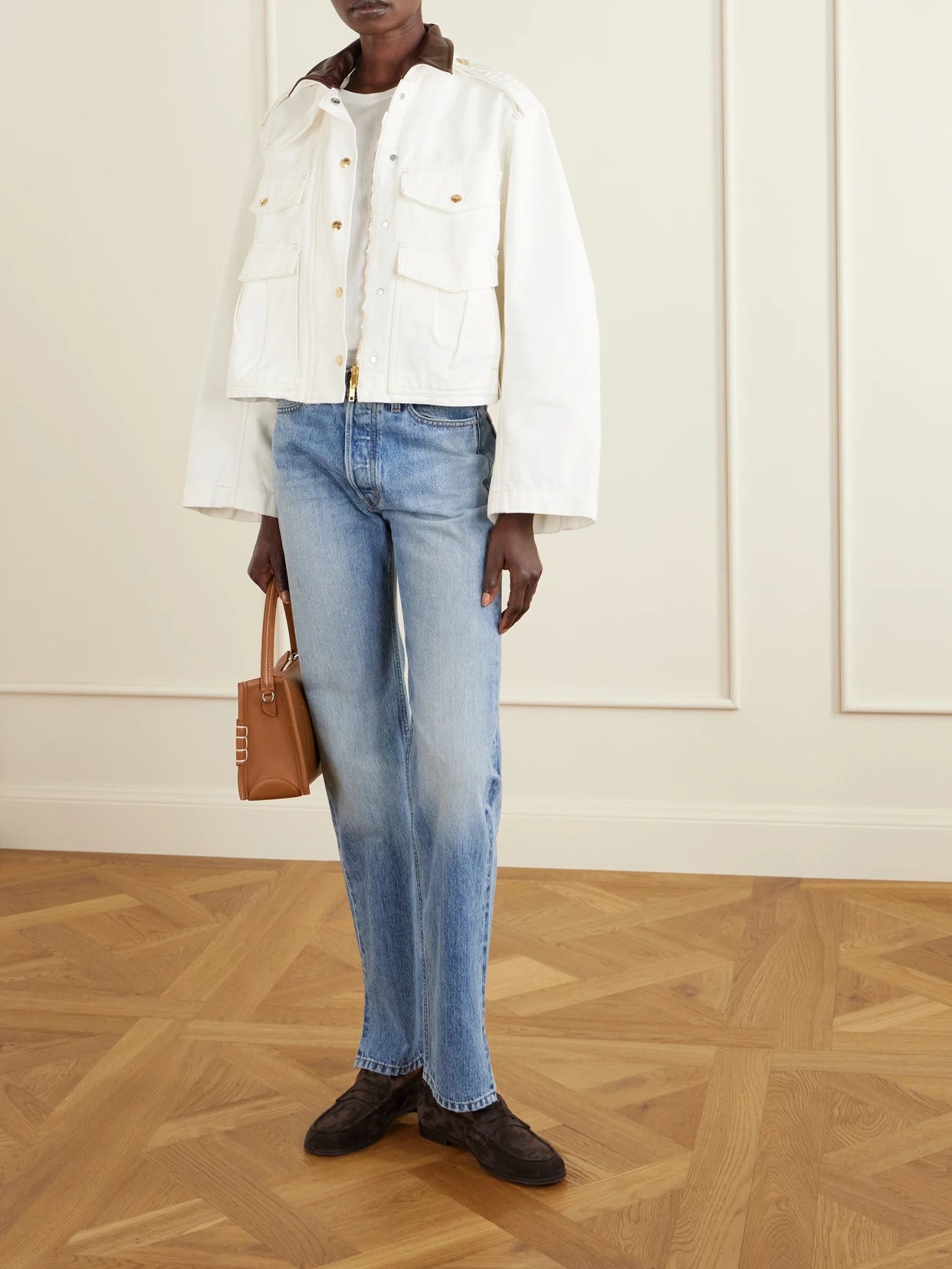 Image of Coats & Jackets. Product name - Henderson Leather-trimmed Regenerative Cotton-canvas Jacket in White colour by brand - RÙADH