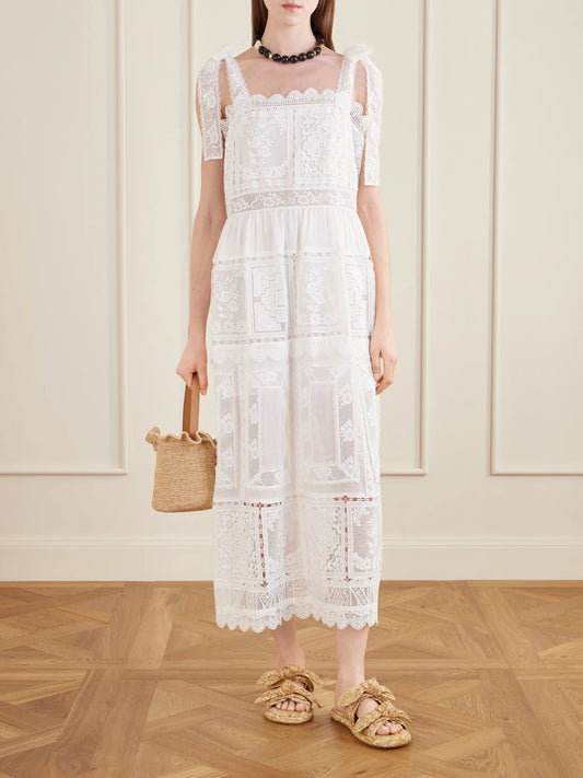 Image of Dresses. Product name - Aster Scalloped Lace-trimmed Maxi Dress in Ivory colour by brand - Zimmermann