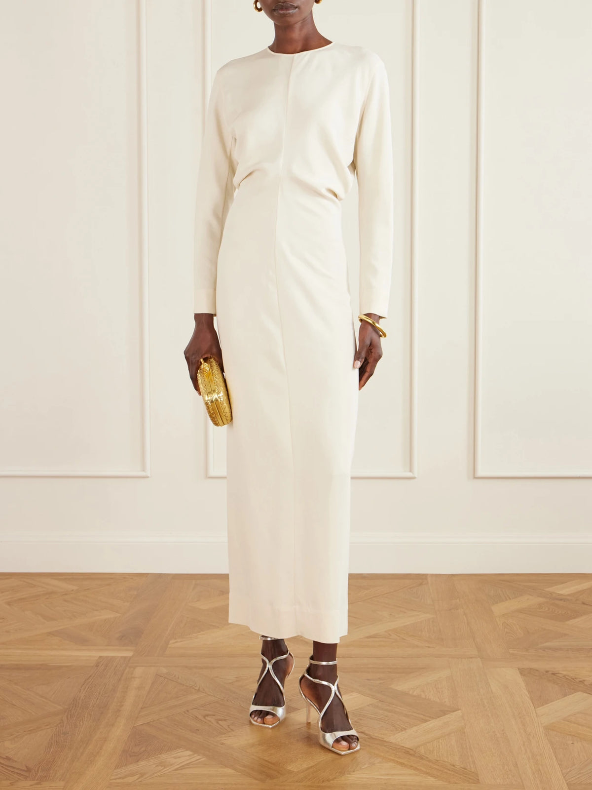 Image of Heels. Product name - Azia 95 Metallic Textured-leather Sandals in Gold colour by brand - Jimmy Choo