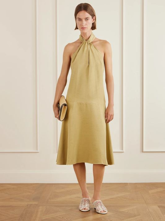 Image of Dresses. Product name - Scarf-detailed Woven Halterneck Midi Dress in Beige colour by brand - TOTEME