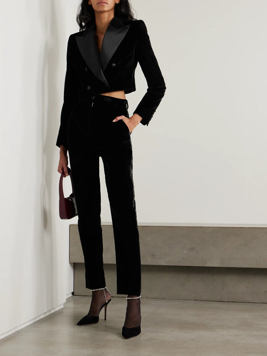 Image of a model wearing Pants. Product name - Satin-trimmed Cotton-blend Velvet Slim-leg Pants in Black colour by brand - Dolce & Gabbana