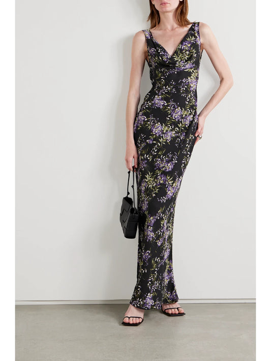 Image of Dresses. Product name - Draped Floral-print Georgette Gown in Black colour by brand - Norma Kamali