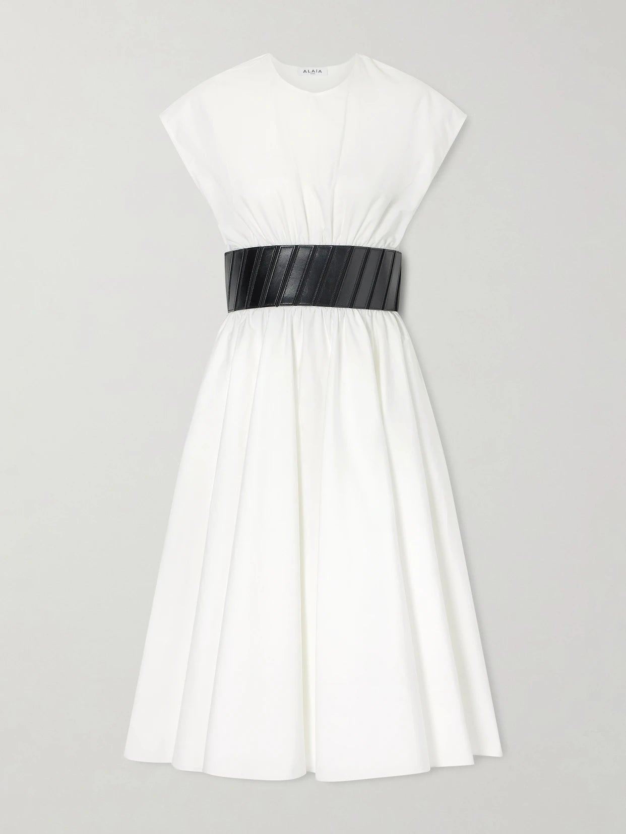 Image of Dresses. Product name - Belted Cotton-poplin Midi Dress in White colour by brand - Alaïa