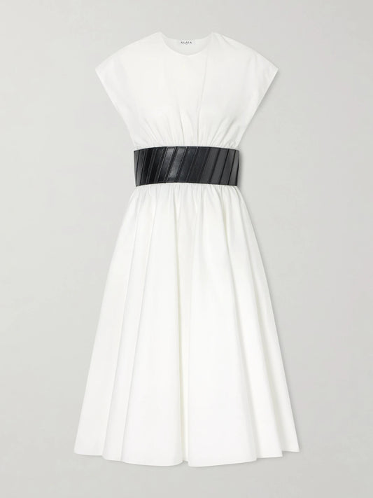 Image of Dresses. Product name - Belted Cotton-poplin Midi Dress in White colour by brand - Alaïa