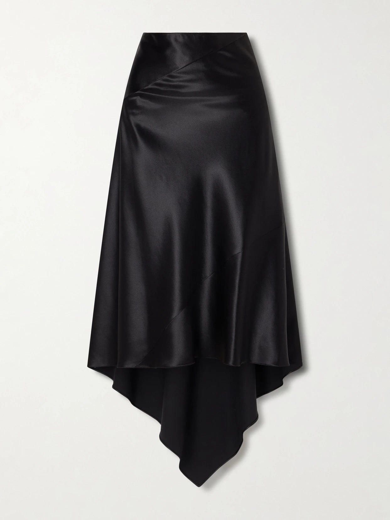 Image of a model wearing Skirts. Product name - Asymmetric Silk-satin Skirt in Black colour by brand - Alaïa