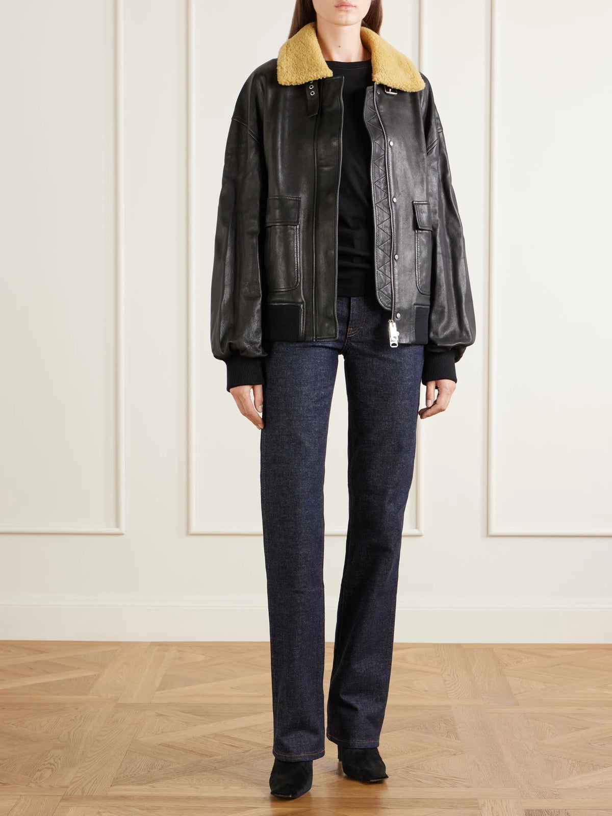 Image of Coats & Jackets. Product name - Sandor Leather Biker Jacket in Black colour by brand - KHAITE