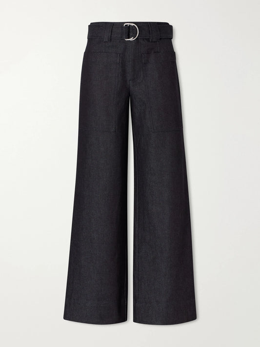 Image of a model wearing Pants. Product name - Lina Belted Stretch-cotton Twill Wide-leg Pants in Indigo colour by brand - Proenza Schouler White Label