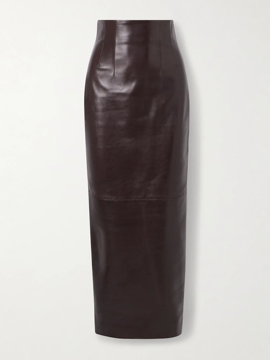 Image of a model wearing Skirts. Product name - Loxley Leather Maxi Skirt in Dark brown colour by brand - KHAITE