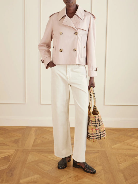 Image of Coats & Jackets. Product name - Haltye Double-breasted Belted Cotton-gabardine Cropped Trench Jacket in Baby pink colour by brand - Burberry