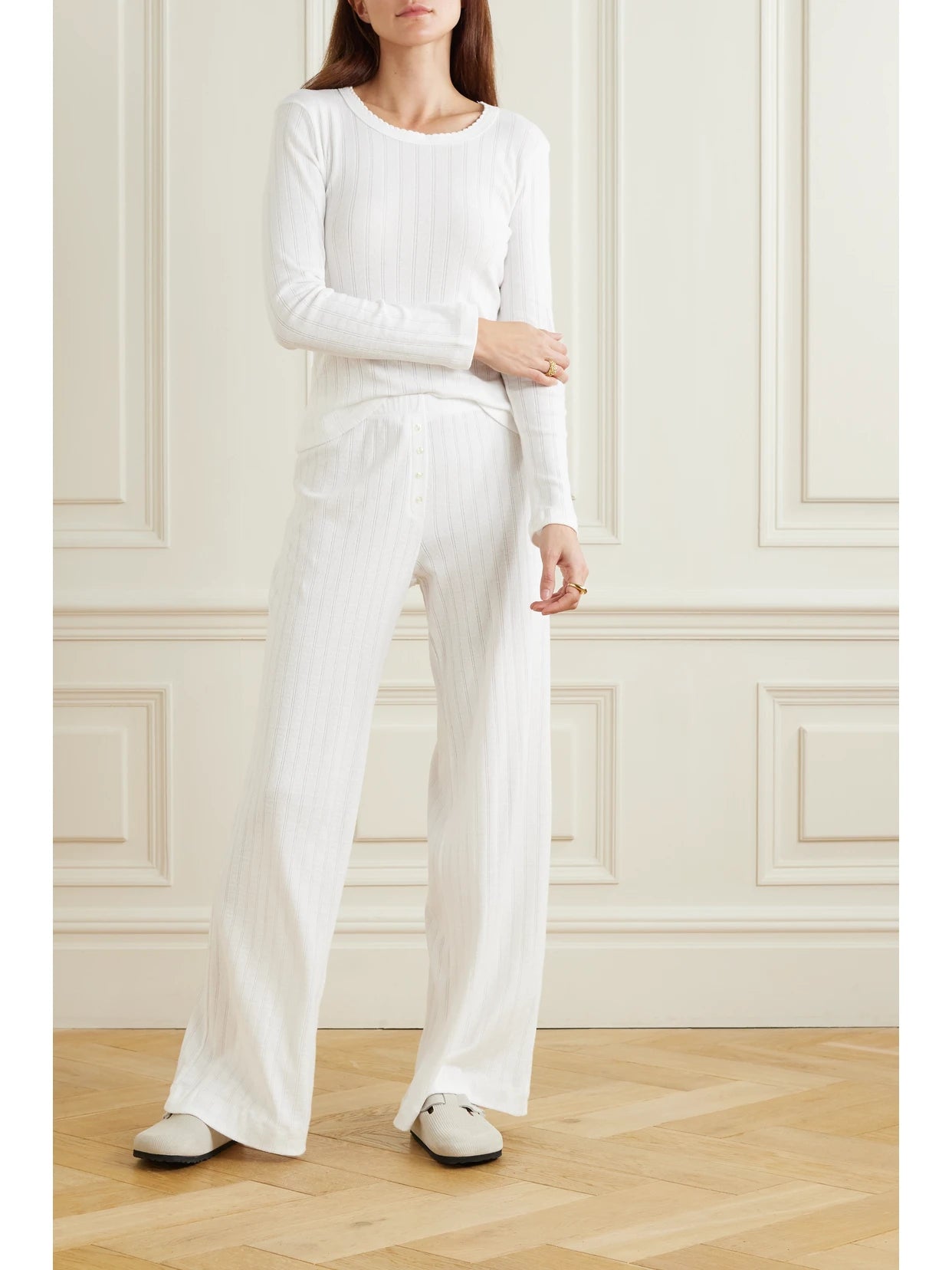 Image of Sleepwear & Loungewear. Product name - Boxer Pointelle-knit Cotton Pants in White colour by brand - LESET