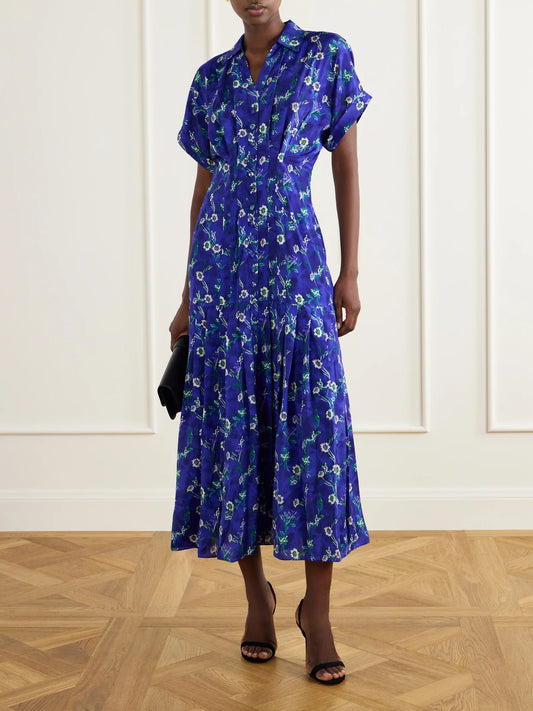 Image of Dresses. Product name - Riya Floral-printed Chiffon Midi Dress in Blue colour by brand - Saloni